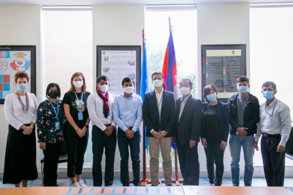 UN Human Rights Cambodia Country Representative Pradeep Wagle with a group of human rights defenders and staff after one of several meetings held in December 2021.